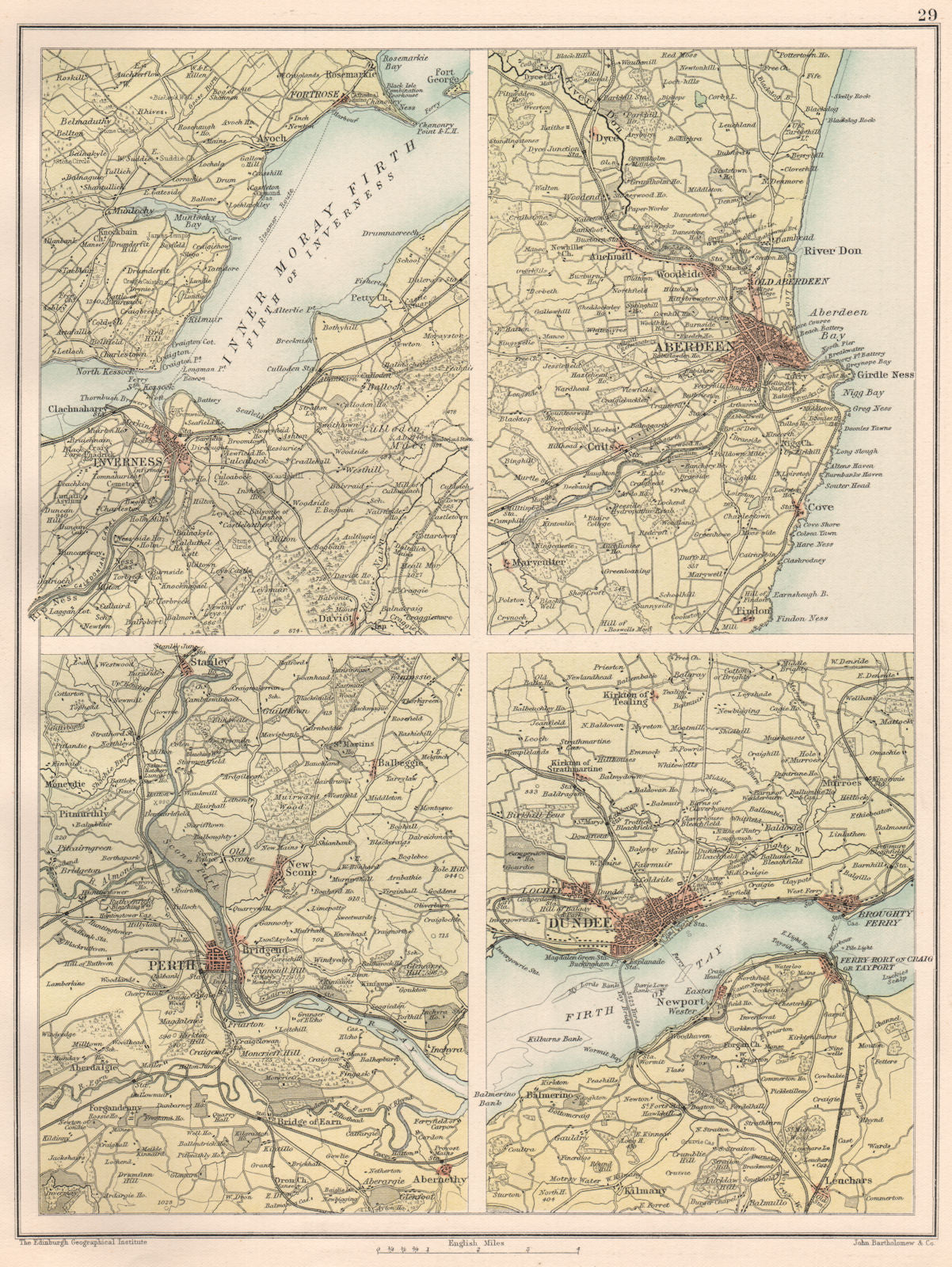 SCOTTISH CITIES. Inverness Aberdeen Perth Dundee environs. BARTHOLOMEW 1891 map